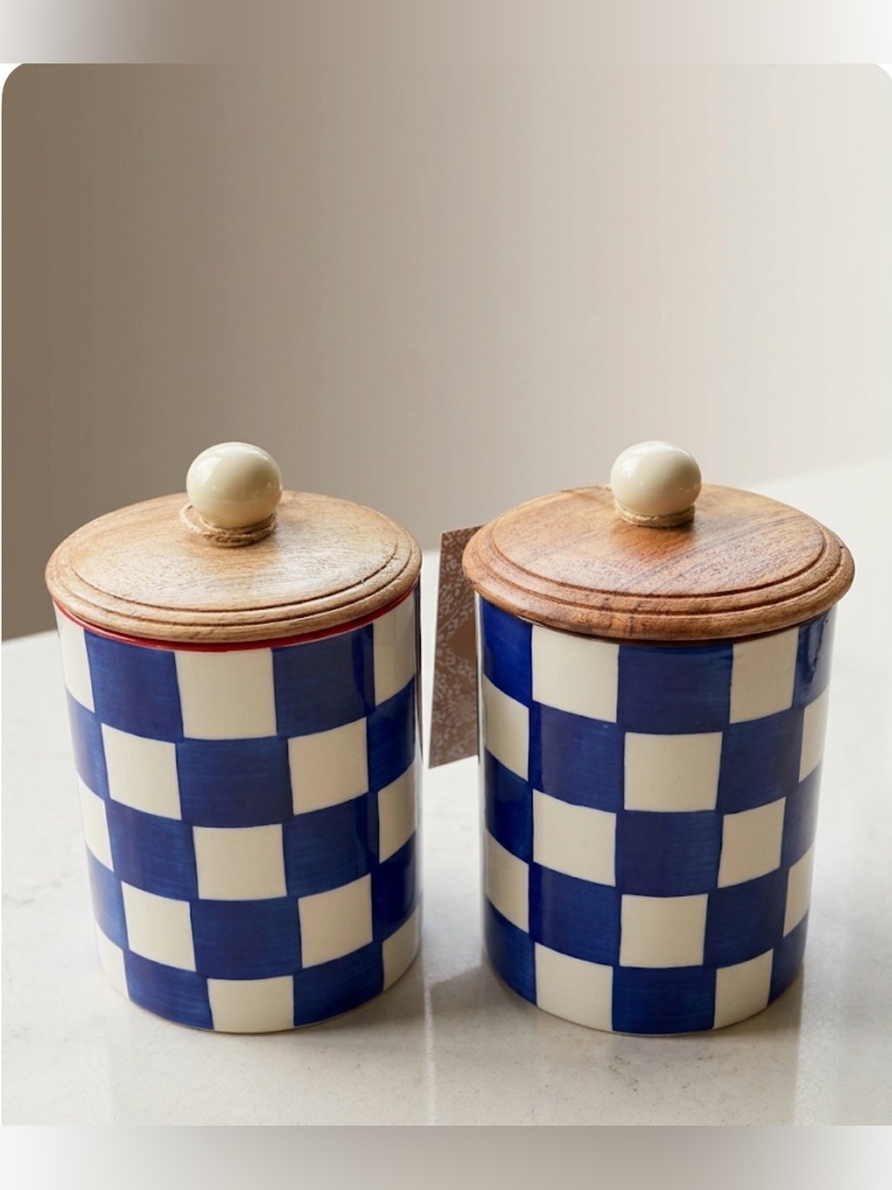 Blue & White Checkered Ceramic Canister Set with Wood Lids